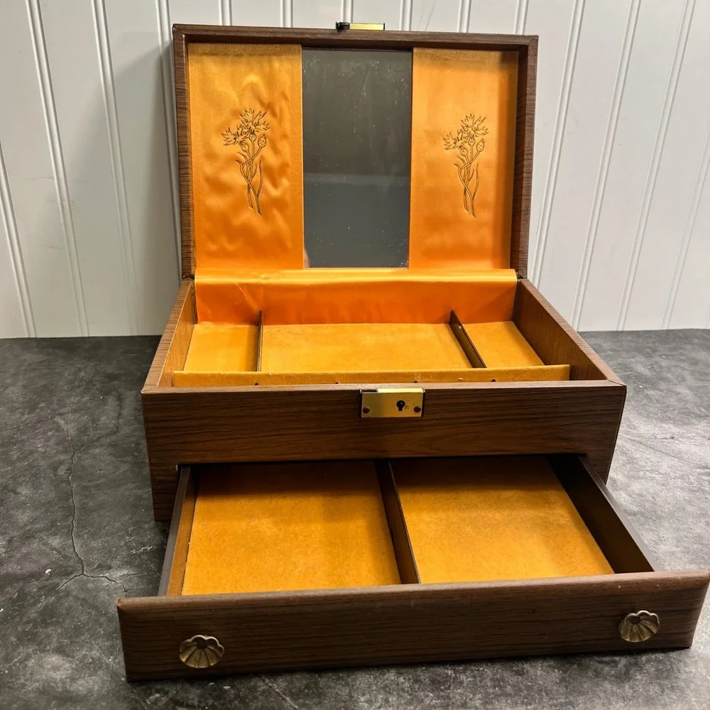 Vintage Brown Orange Jewelry Box Satin Lining | *SEE NOTE | 70s